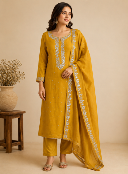 Golden Grace – Hand Embroidered Chinnon Suit
