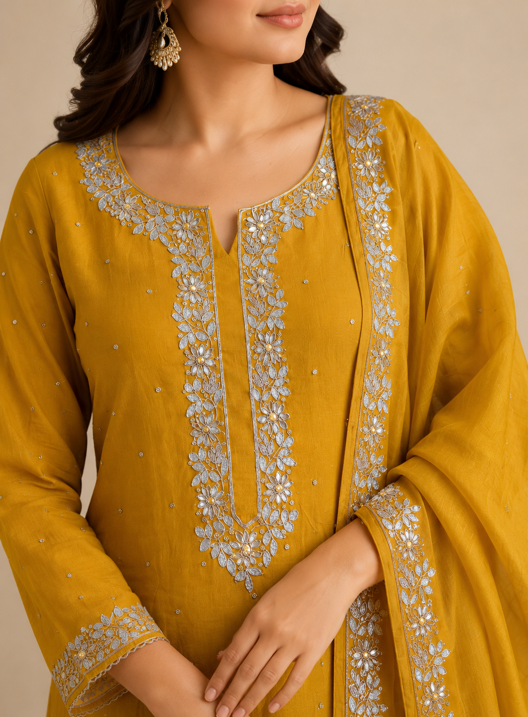 Golden Grace – Hand Embroidered Chinnon Suit