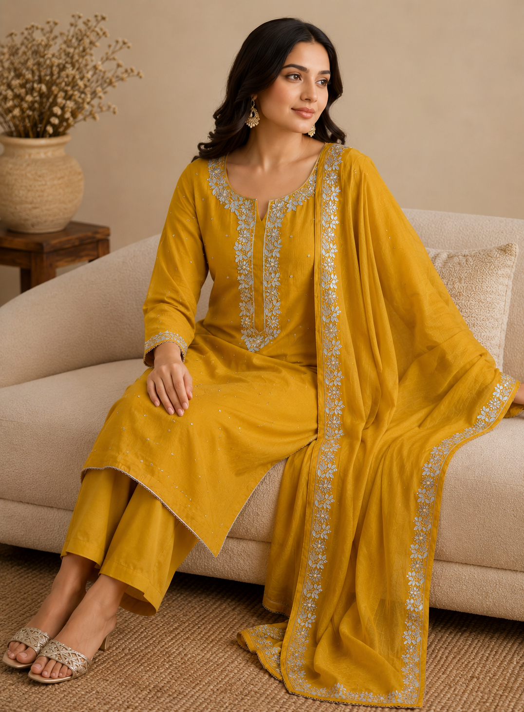 Golden Grace – Hand Embroidered Chinnon Suit