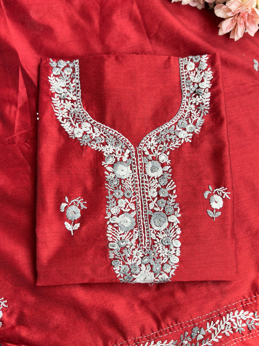 Ruby Red Floral Hand Embroidery Suit