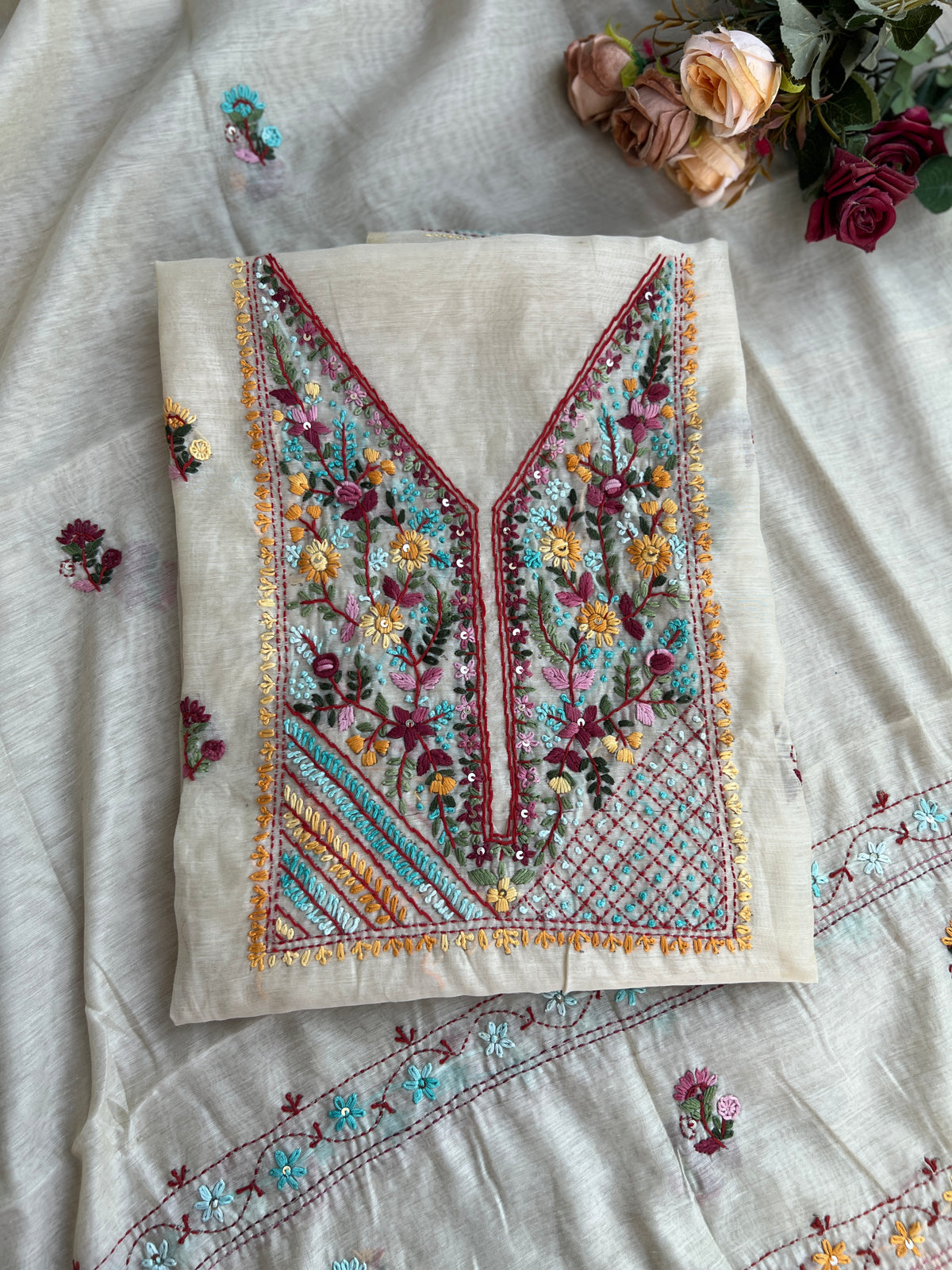 Beige Blossom Hand-Embroidered Chanderi Silk