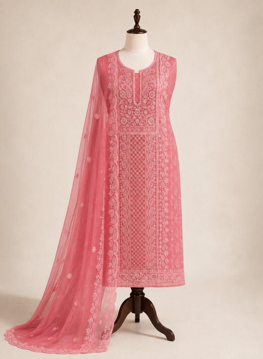 Pink Pure Georgette Chikankari  Suit Set