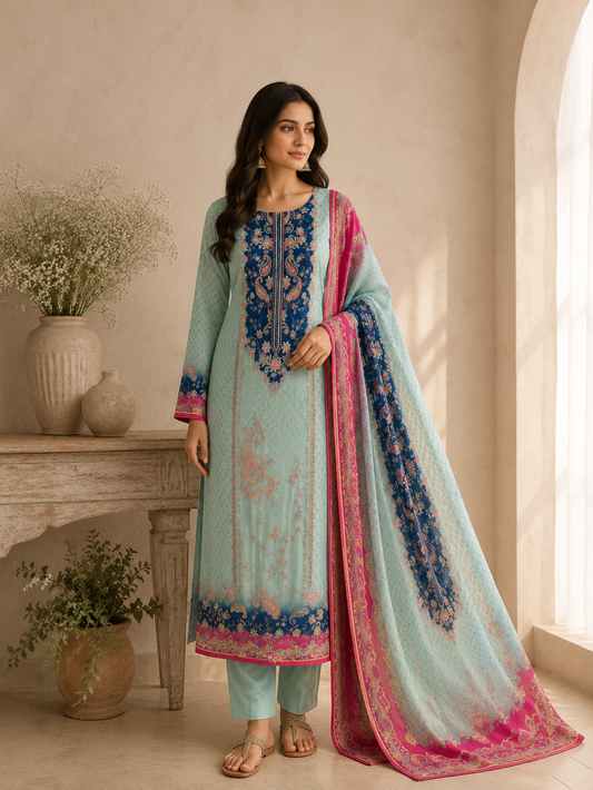 Pakistani-Inspired Russian Silk Semi-Stitched Suit with Gota Detailing