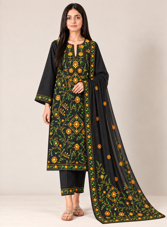 Black Multicolour Pure Cotton Hand-Embroidered Unstitched Dress Material