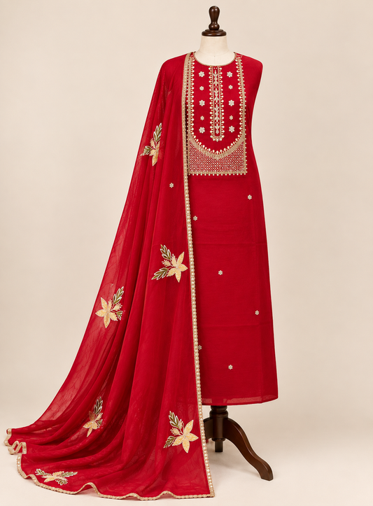 Radiant Red Chanderi Silk Suit with Gota Phool Dupatta & Handcrafted Detailing