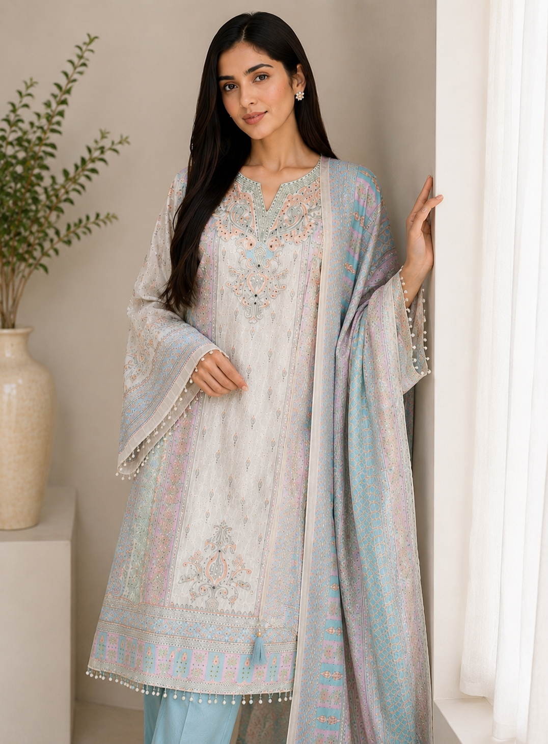 Graceful Pastel Embroidered  Mirror Work Pakistani Semi-Stitched Ensemble
