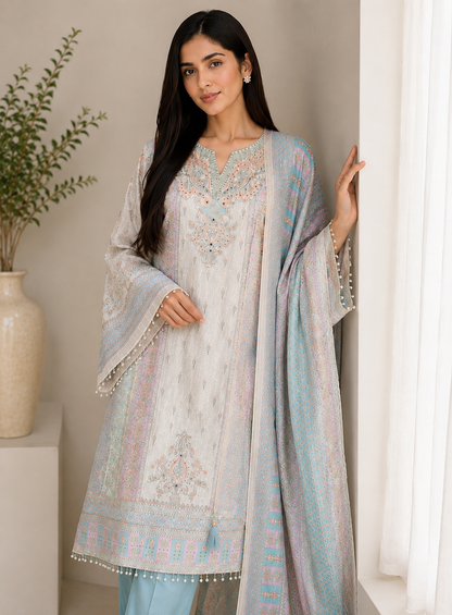 Graceful Pastel Embroidered  Mirror Work Pakistani Semi-Stitched Ensemble