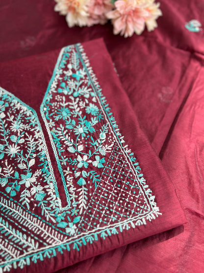 Wine Hand-Embroidered Chanderi Silk