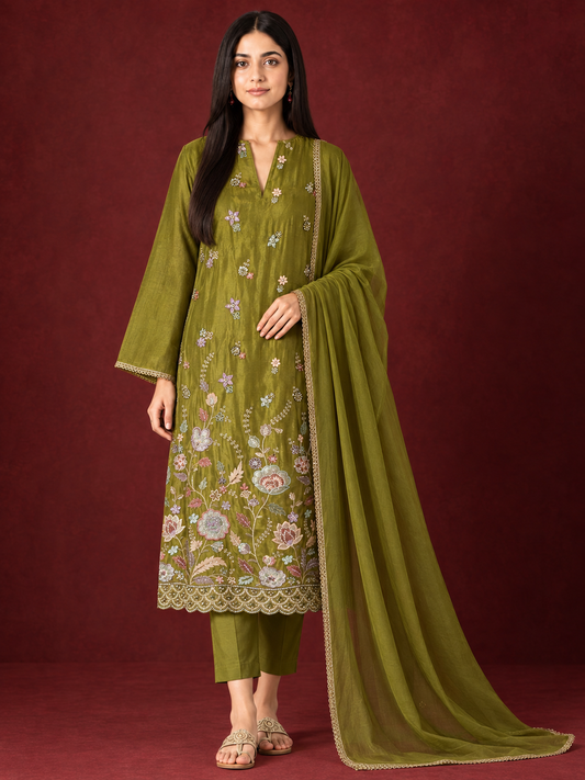 Floral Beadwork Shimmer Silk Suit Set