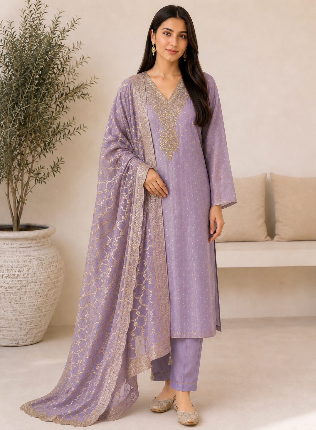 Graceful Shimmer Silk  Embroidered Suit Set