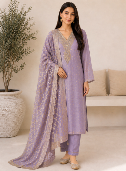 Graceful Shimmer Silk  Embroidered Suit Set