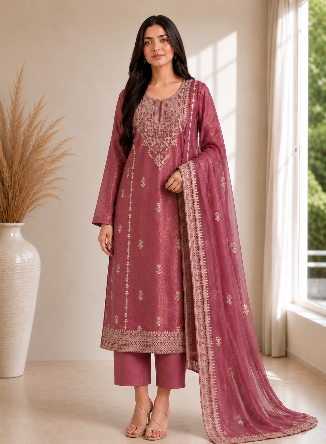 Luxe Shimmer Silk with Lace & Embroidered Detailing