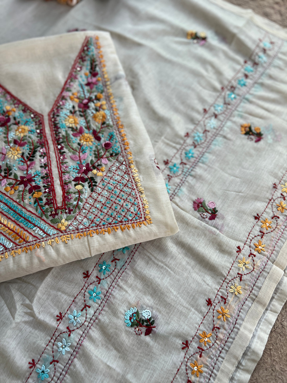 Beige Blossom Hand-Embroidered Chanderi Silk