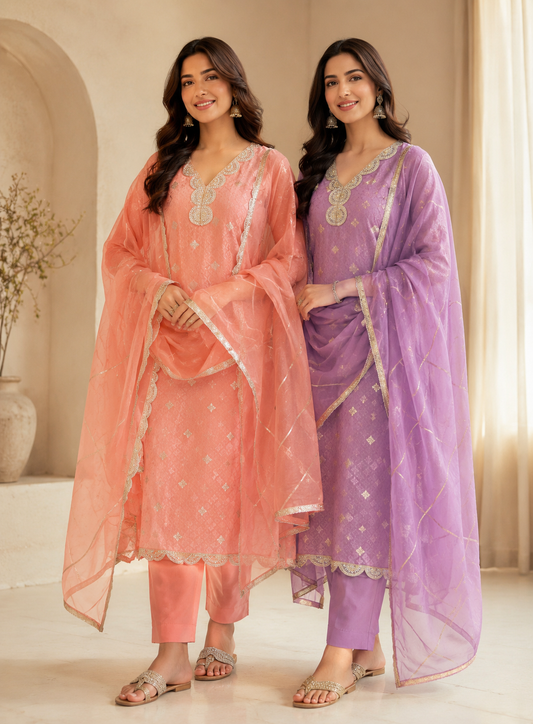 Shimmering Silk Top with Exquisite Lace & Gota Detailing
