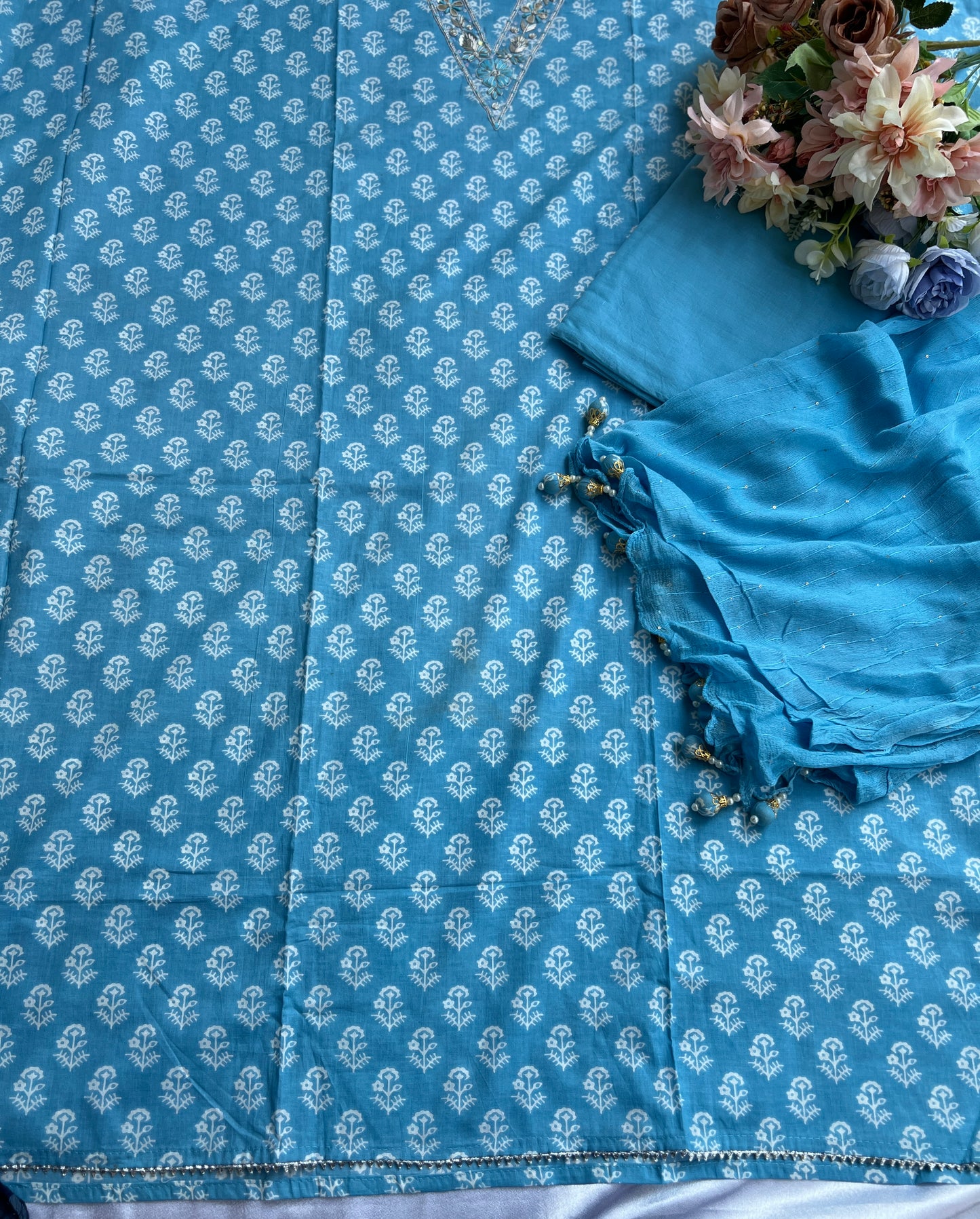 Sky Blue Cotton Suit with Delicate Hand Embroidery & Tassel Dupatta