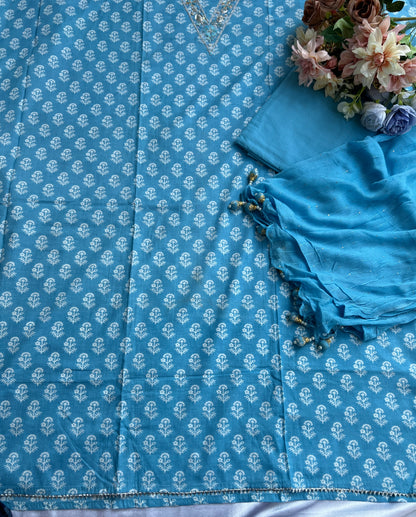 Sky Blue Cotton Suit with Delicate Hand Embroidery & Tassel Dupatta