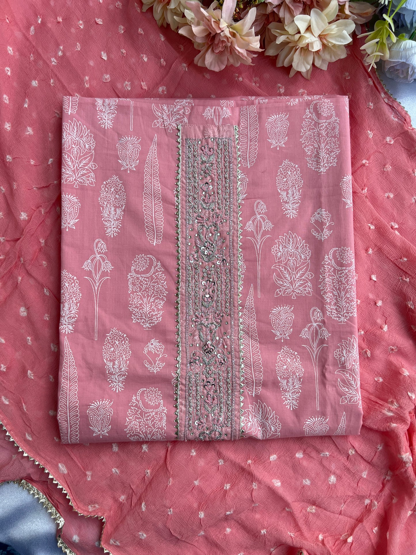 Soft Blush Pink Cotton Suit with Elegant Handwork