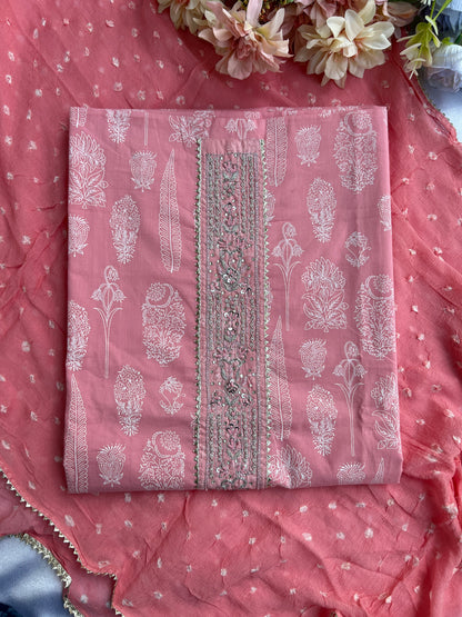 Soft Blush Pink Cotton Suit with Elegant Handwork