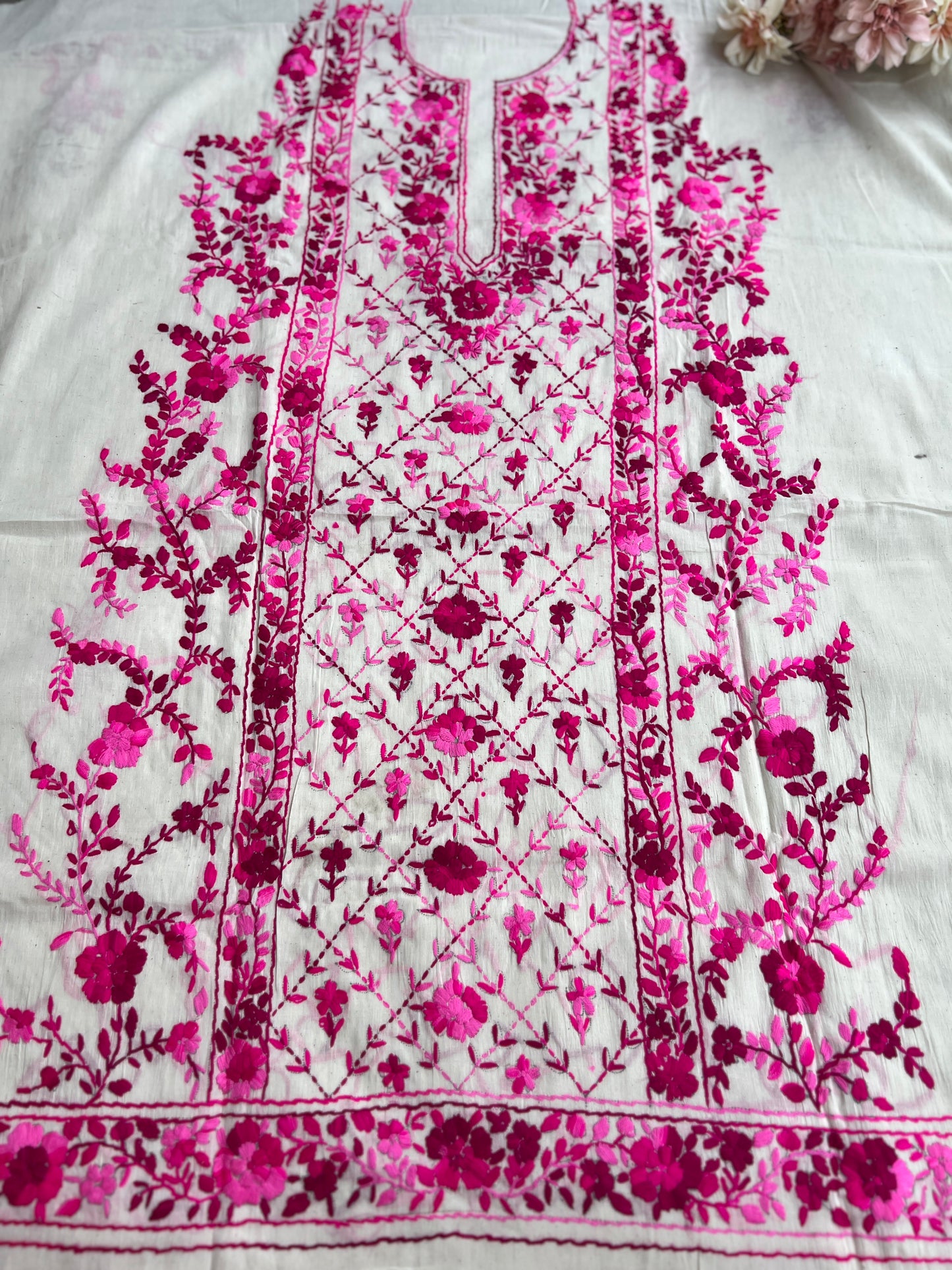 Ivory & Fuchsia Pure Cotton Hand-Embroidered Unstitched Dress