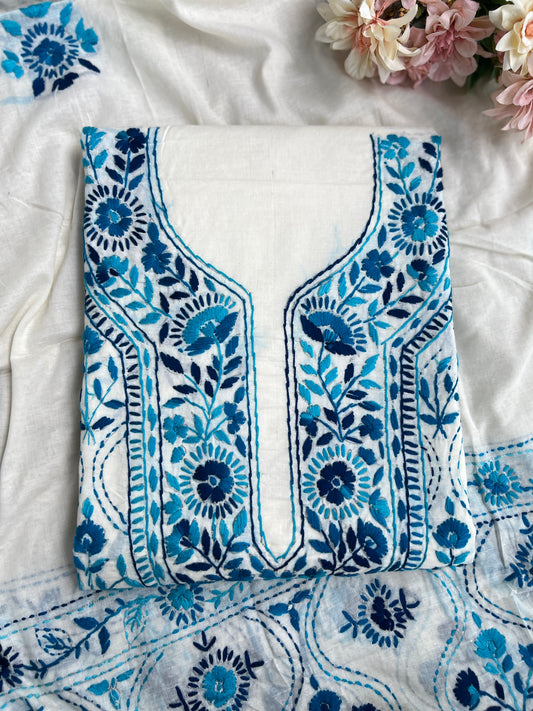 Ivory & Midnight Blue Hand Embroidered Cotton Suit Set