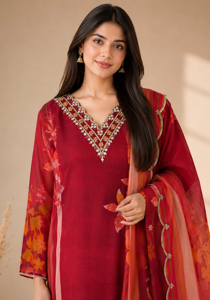 Red Floral Organza Semi-Stitched  Salwar Suit