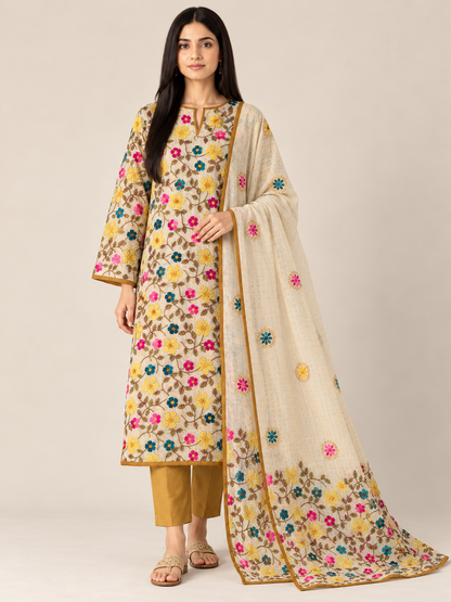 Yellow Floral  Hand Embroidered Unstitched Suit Set