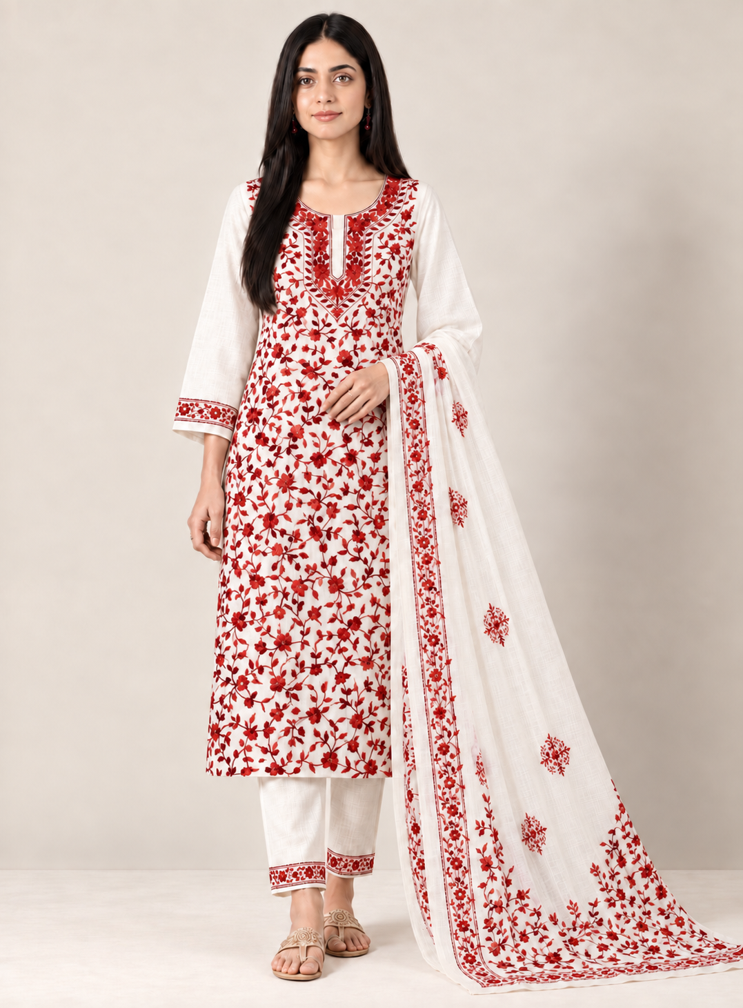 Ivory & Scarlet Red Pure Cotton Hand-Embroidered Unstitched Dress