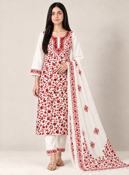 Ivory & Scarlet Red Pure Cotton Hand-Embroidered Unstitched Dress