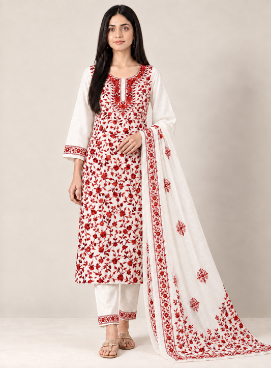 Ivory & Scarlet Red Pure Cotton Hand-Embroidered Unstitched Dress
