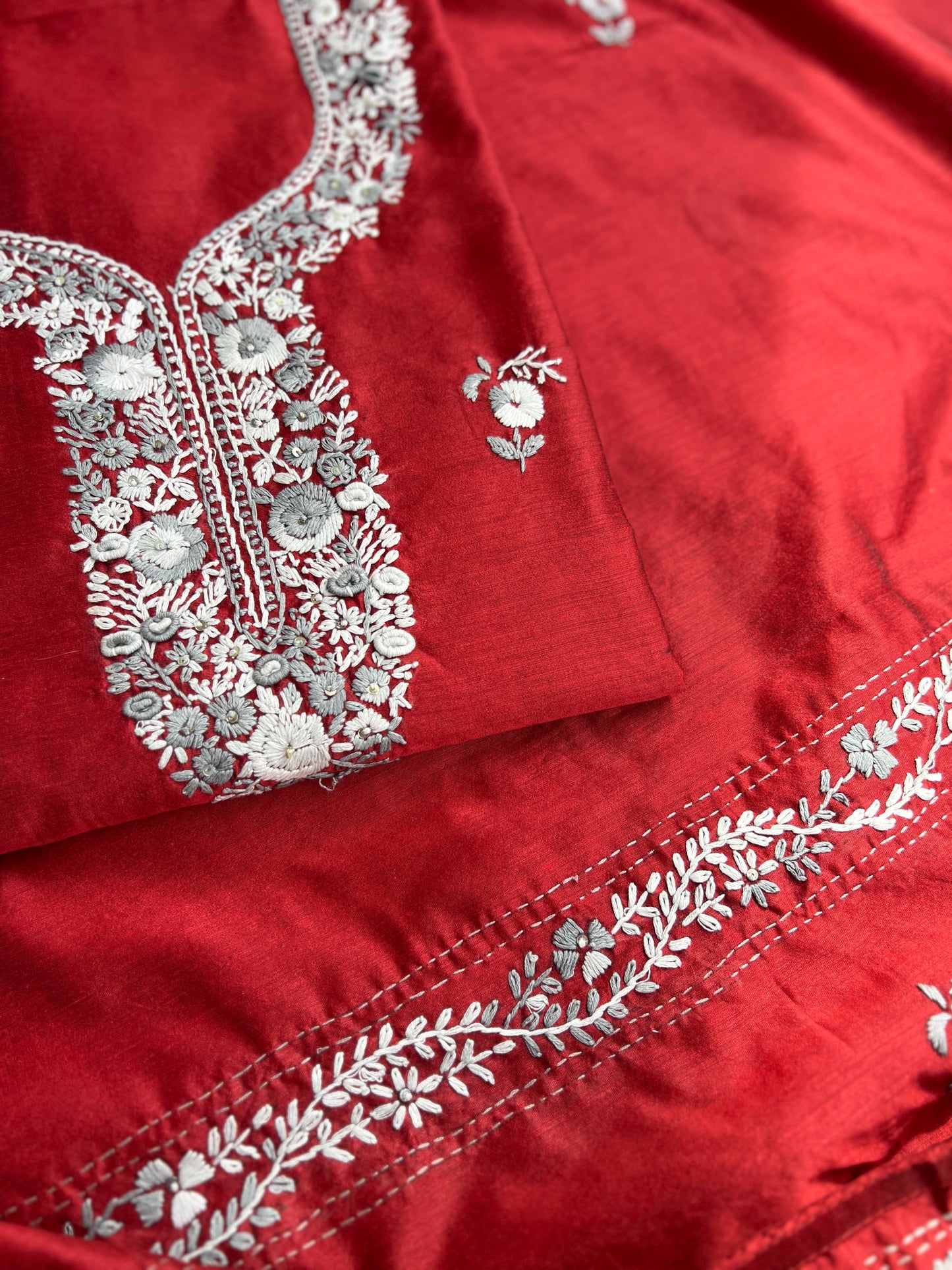 Ruby Red Floral Hand Embroidery Suit
