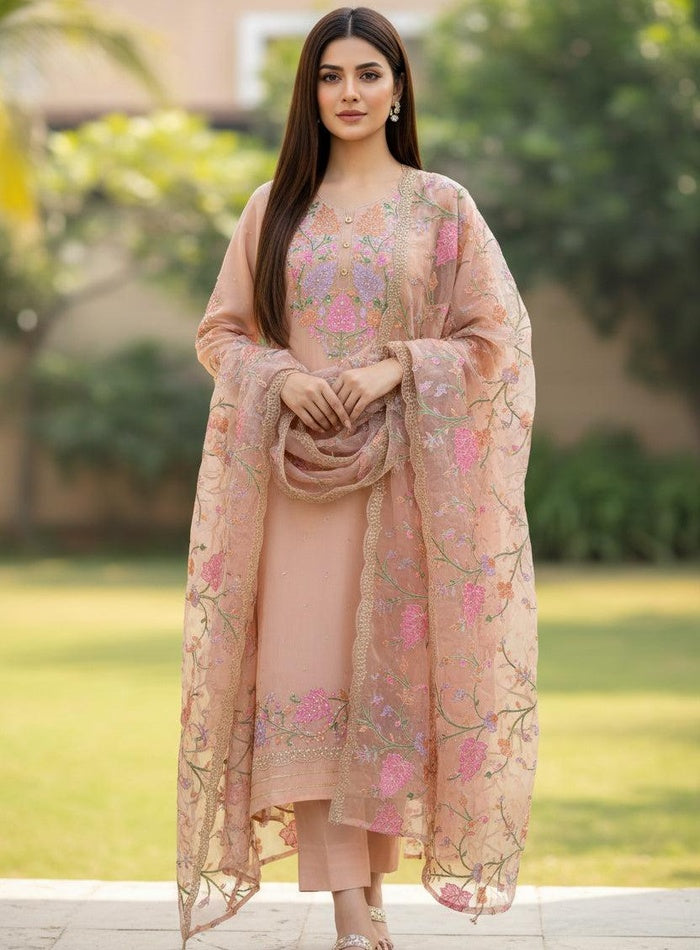 Pastel Peach Embroidered Organza Suit