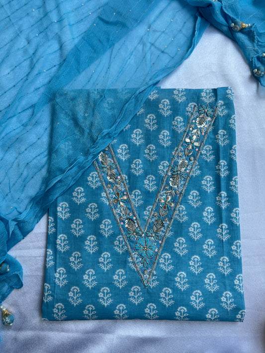 Sky Blue Cotton Suit with Delicate Hand Embroidery & Tassel Dupatta
