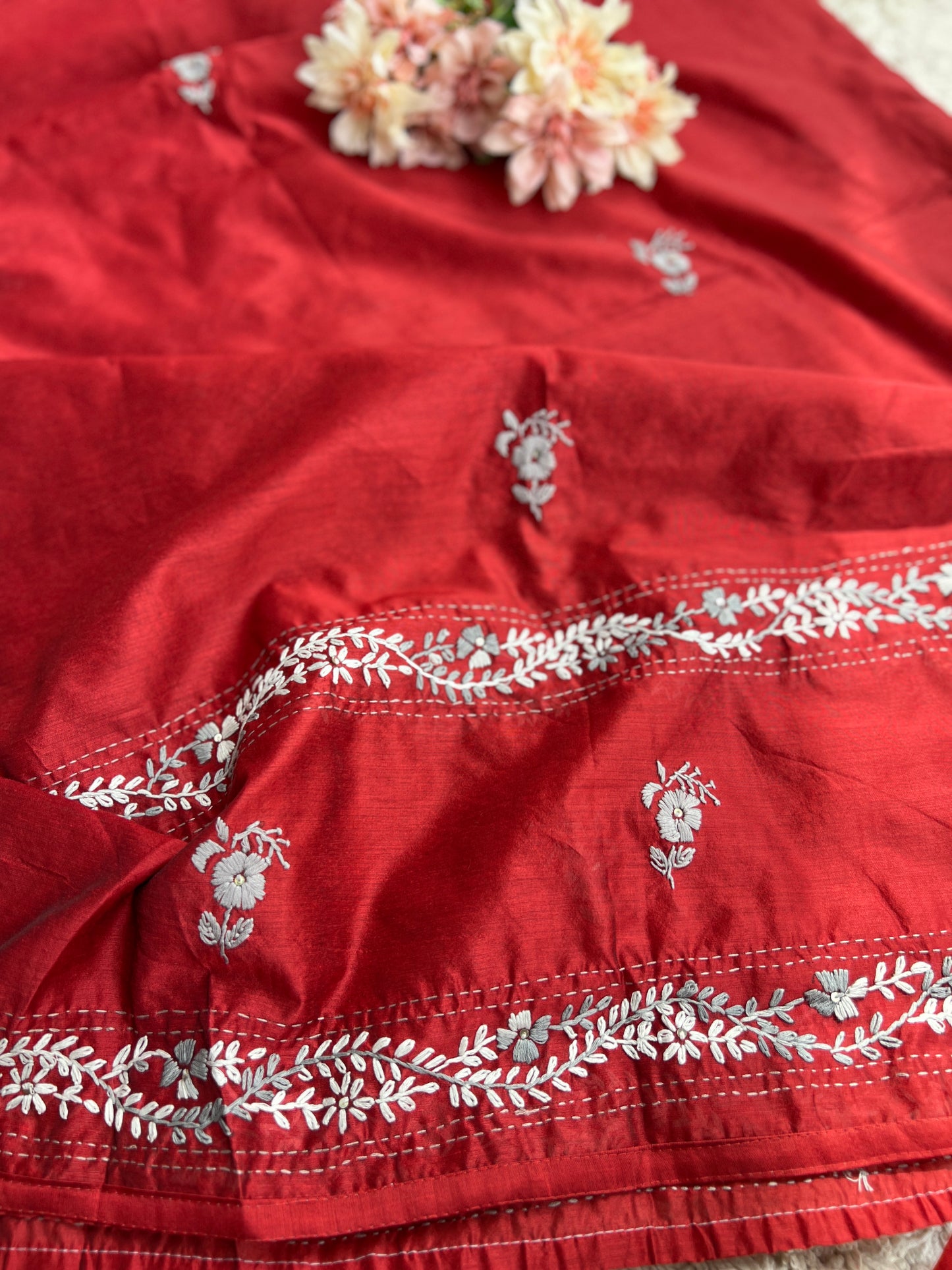 Ruby Red Floral Hand Embroidery Suit