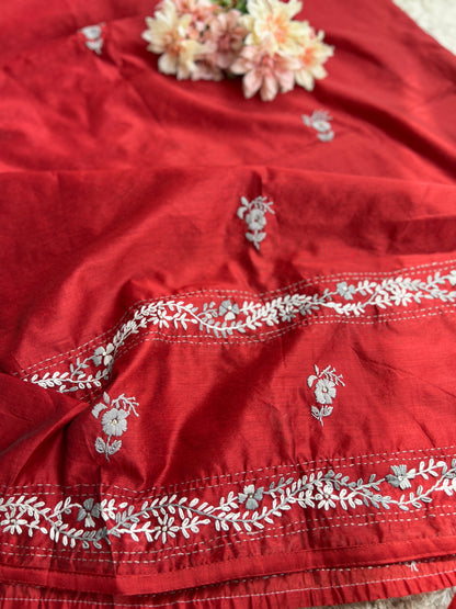Ruby Red Floral Hand Embroidery Suit