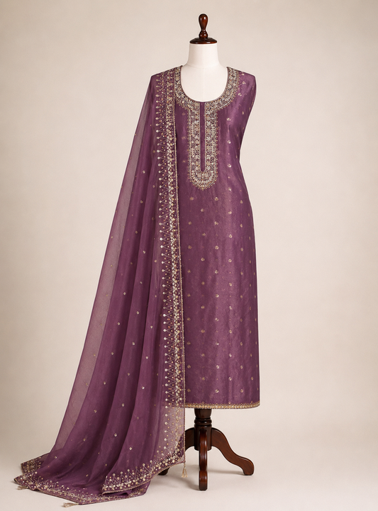Luxury Mauve Shimmer Crepe Silk Unstitched Suit