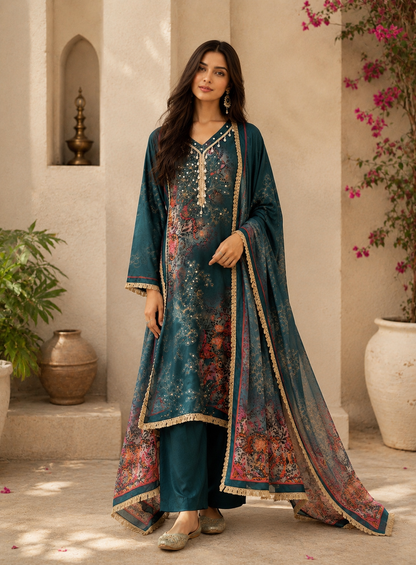 Stylish Printed Maslin Salwar Suit with Sea Shell Detailing
