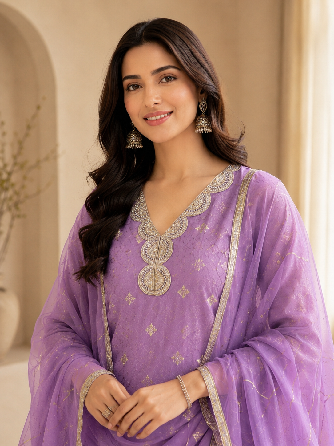 Shimmering Silk Top with Exquisite Lace & Gota Detailing