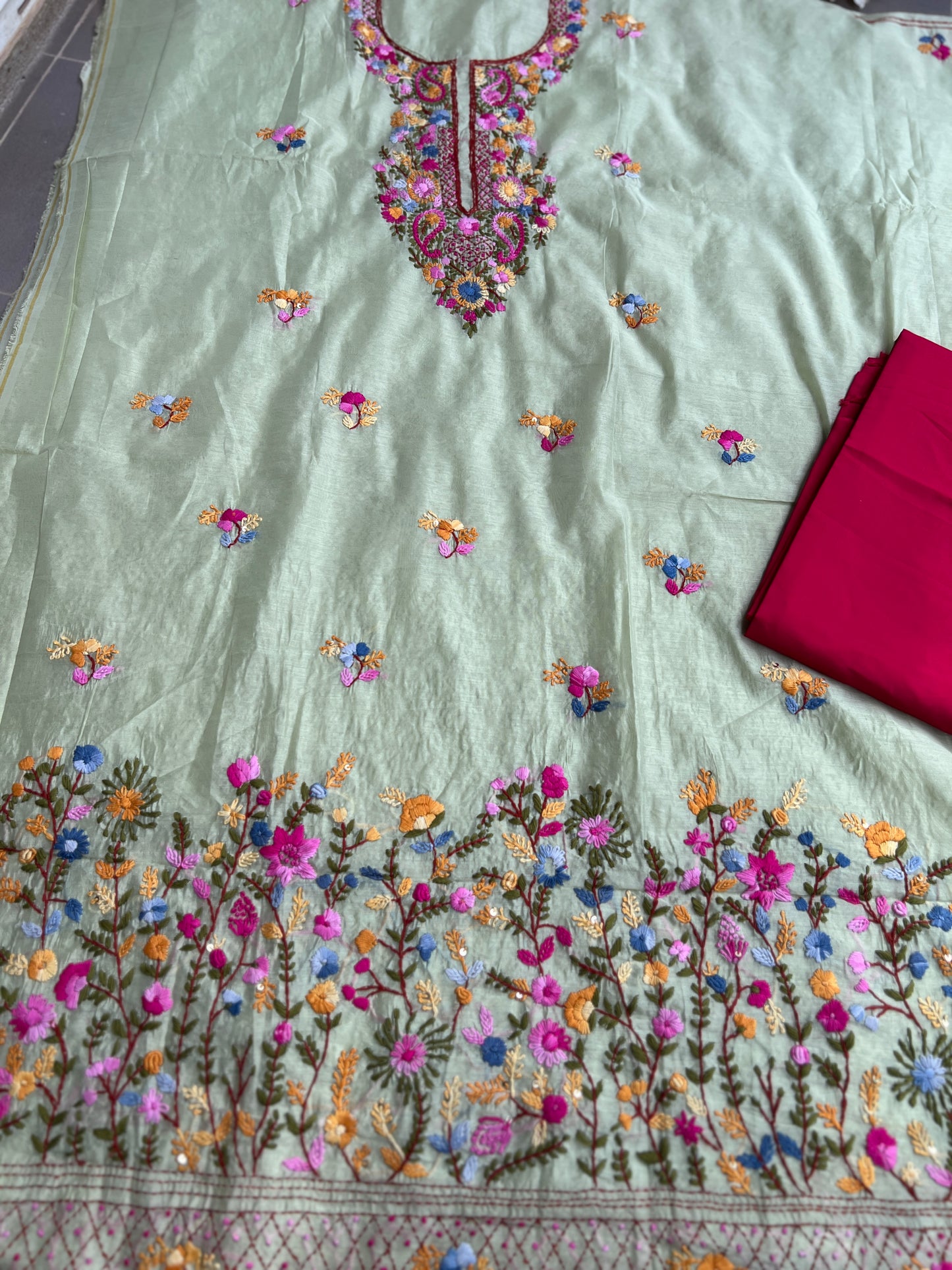 Mint Chanderi Silk Floral Embroidery Set