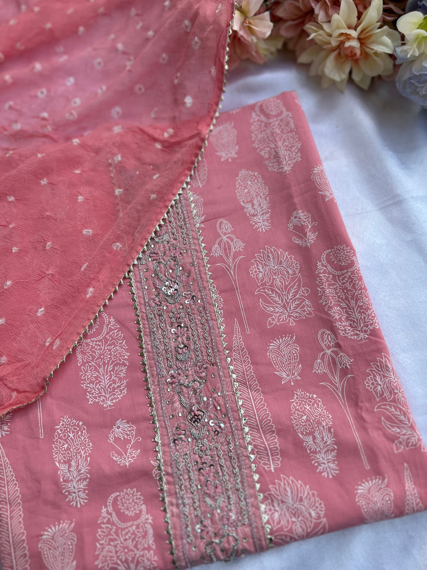 Soft Blush Pink Cotton Suit with Elegant Handwork