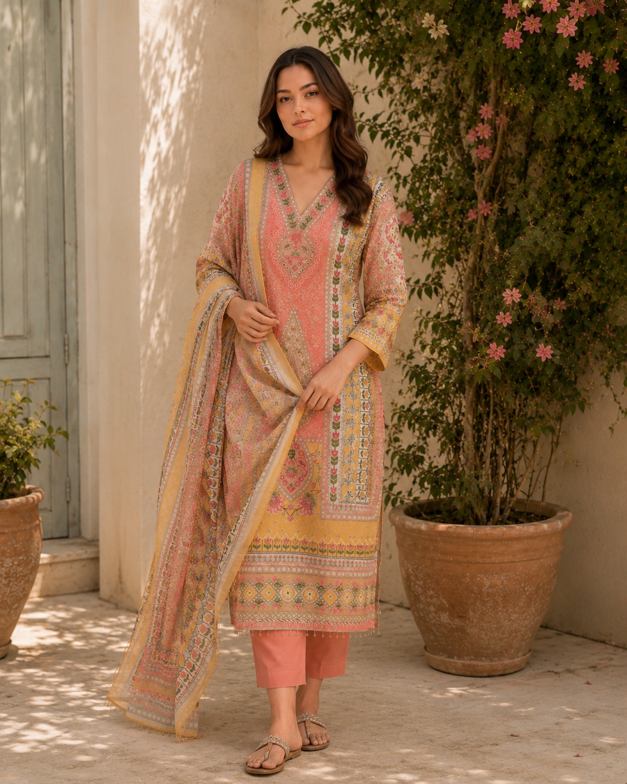 Peach & Yellow Printed Maslin Suit with Mirror Work