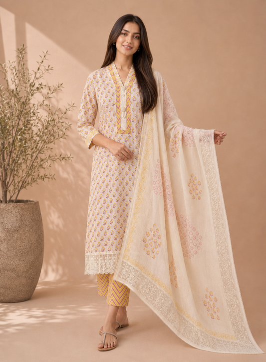 Elegant Cream Floral Suit Set With subs tel Embroidery