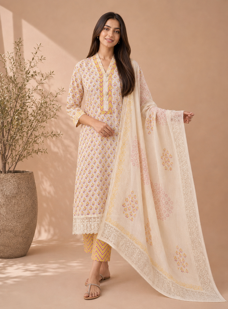 Elegant Cream Floral Suit Set With subs tel Embroidery