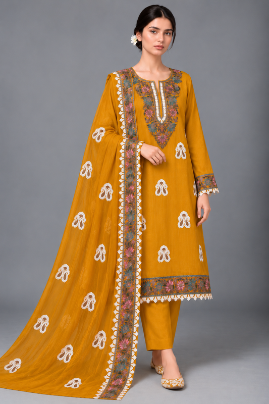 Radiant Mustard Kashmiri Floral Embroidered Suit Set