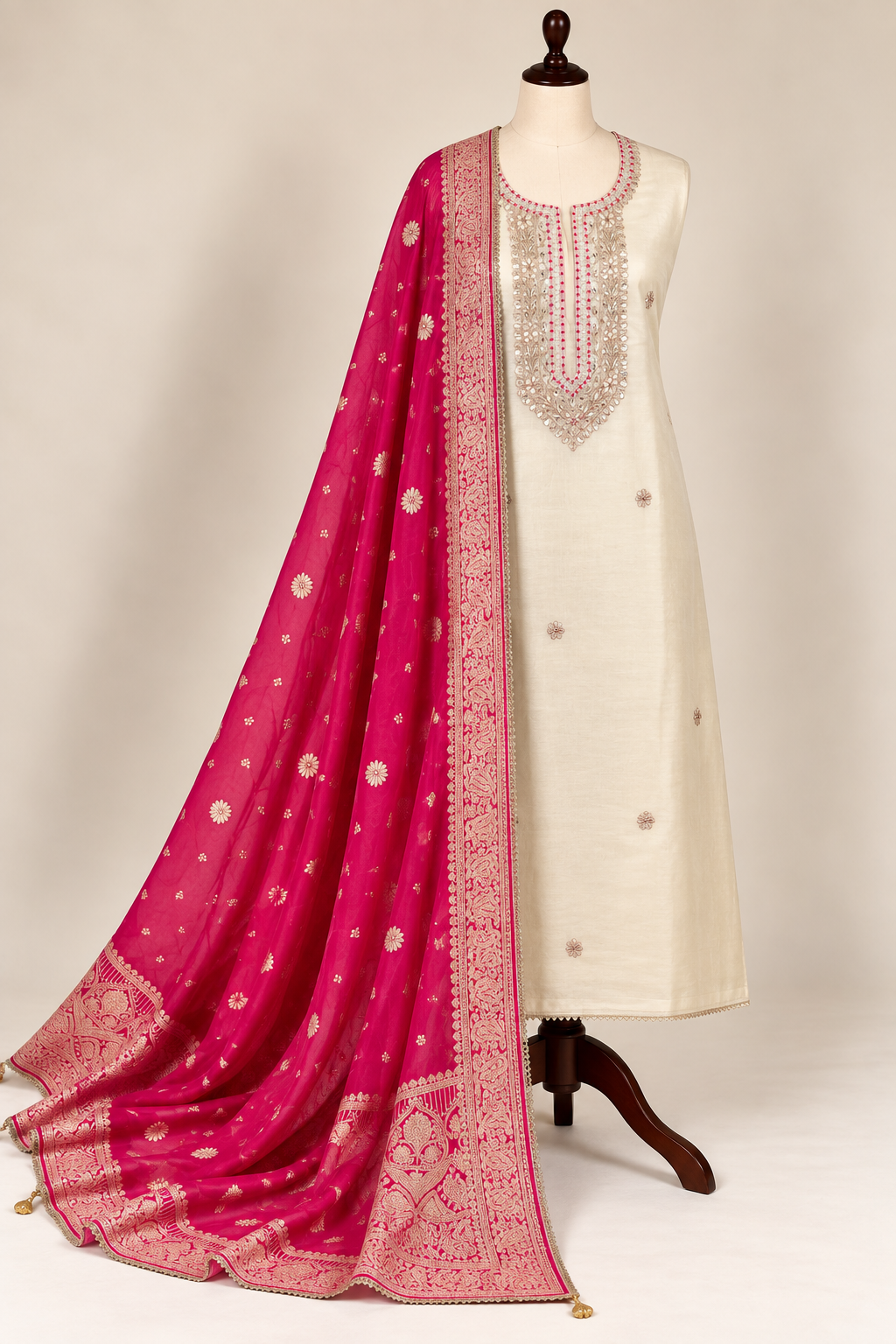 Ivory Handworked Suit with Rani Pink Banarasi Dupatta