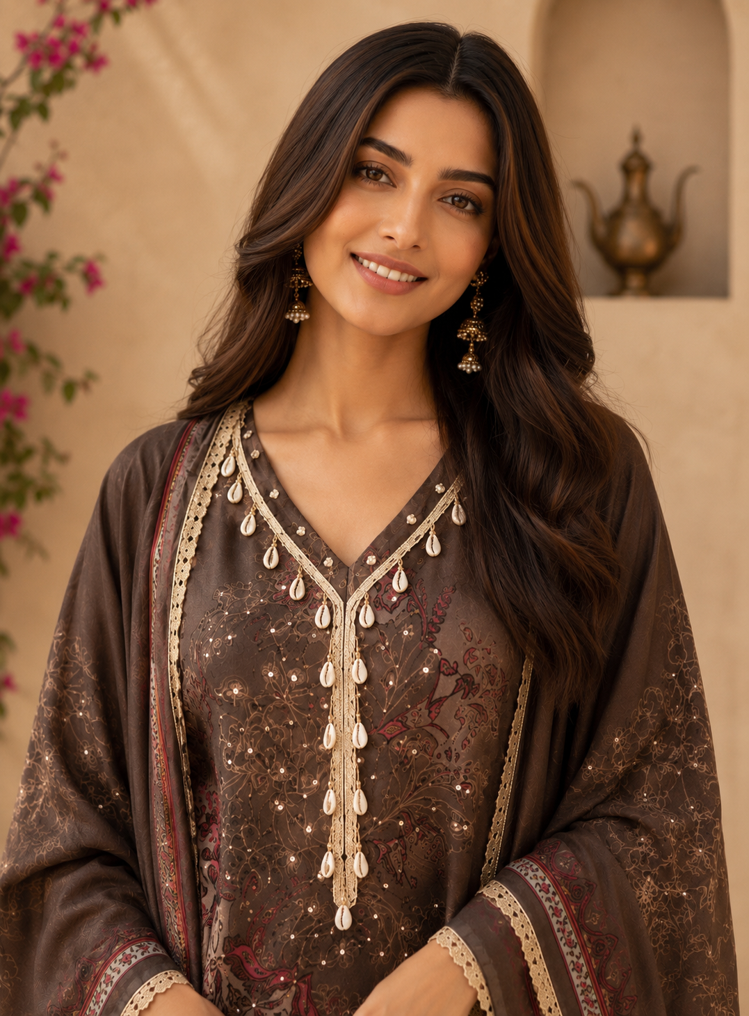 Stylish Printed Maslin Salwar Suit with Sea Shell Detailing