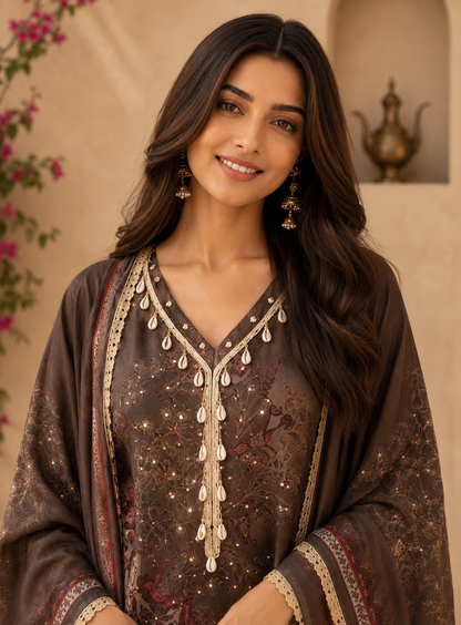 Stylish Printed Maslin Salwar Suit with Sea Shell Detailing
