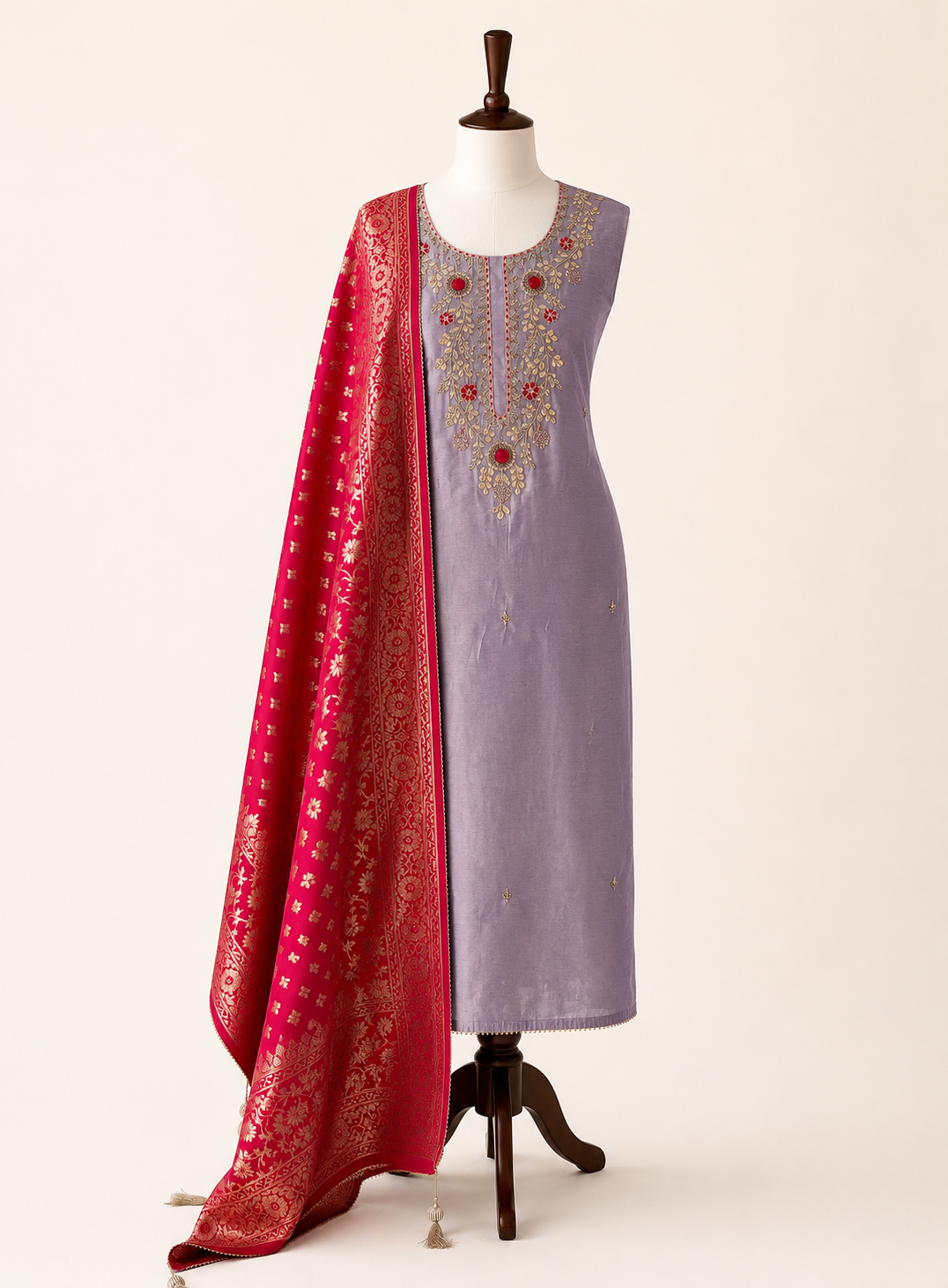 Lavendar Rani Silk Suit with Exquisite Hand Embroidery & Banarasi Char (Copy)