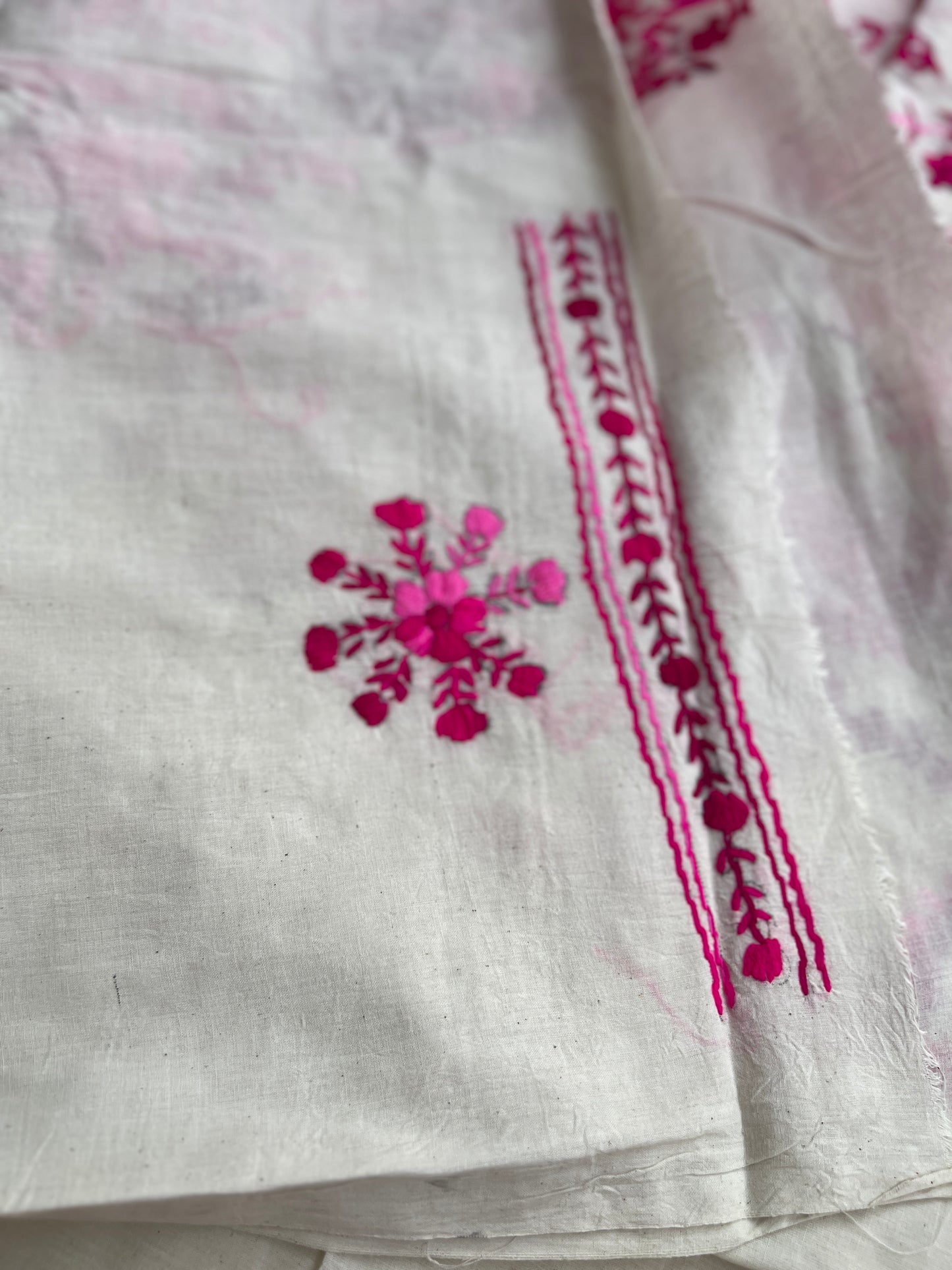 Ivory & Fuchsia Pure Cotton Hand-Embroidered Unstitched Dress