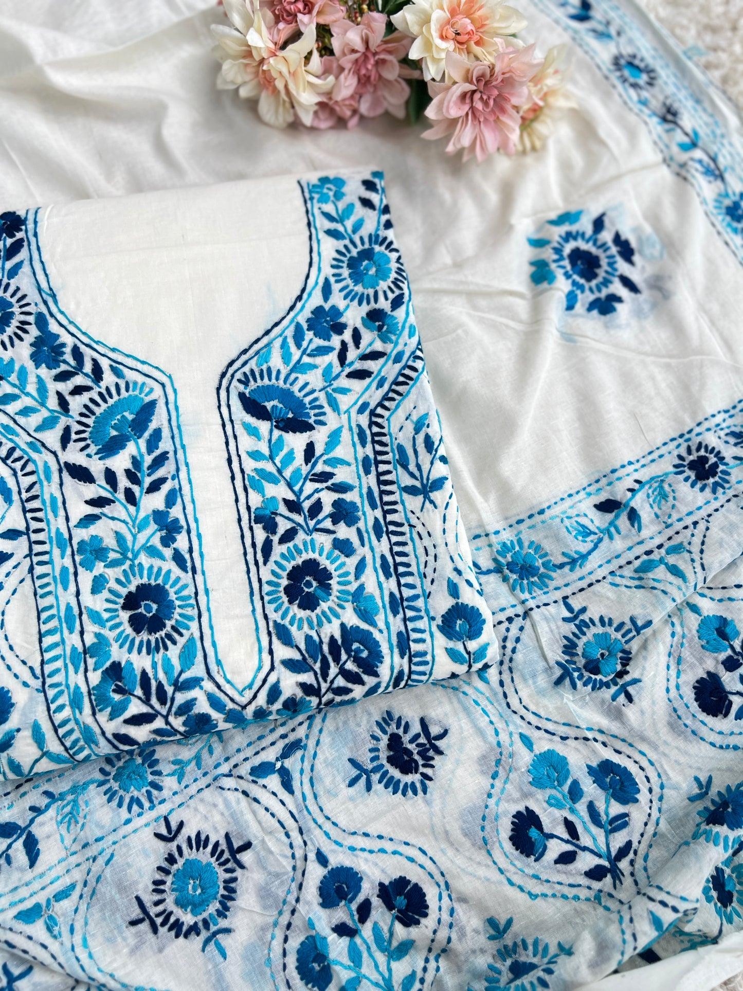 Ivory & Midnight Blue Hand Embroidered Cotton Suit Set