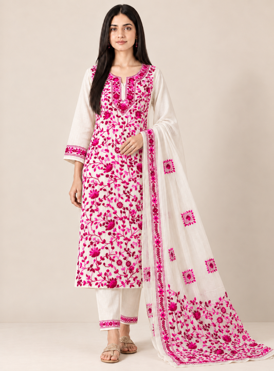 Ivory and Fuchsia Pink Floral Hand-Embroidered Suit Set